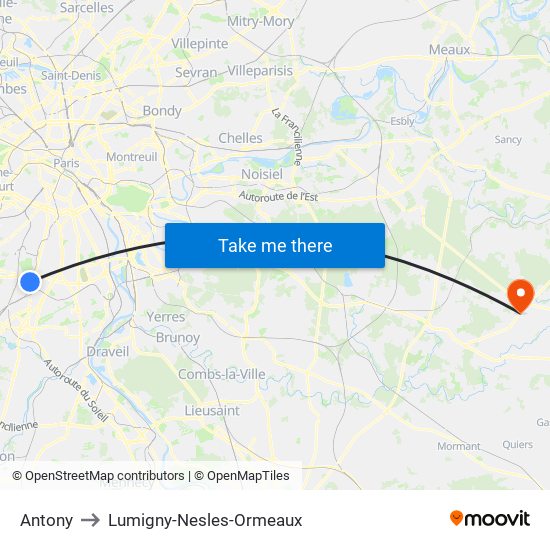 Antony to Lumigny-Nesles-Ormeaux map