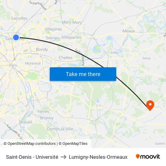 Saint-Denis - Université to Lumigny-Nesles-Ormeaux map