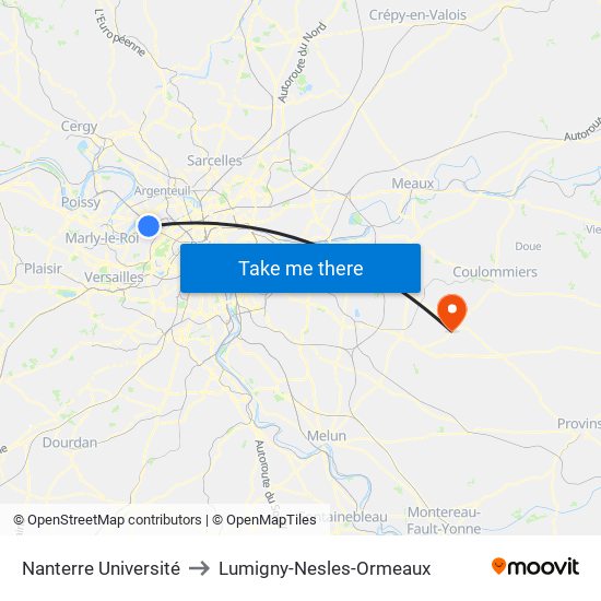 Nanterre Université to Lumigny-Nesles-Ormeaux map