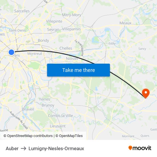 Auber to Lumigny-Nesles-Ormeaux map