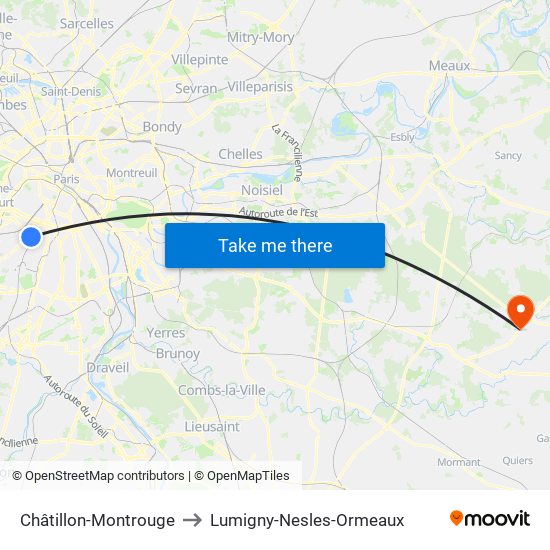Châtillon-Montrouge to Lumigny-Nesles-Ormeaux map