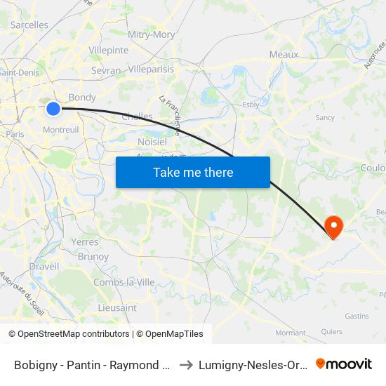 Bobigny - Pantin - Raymond Queneau to Lumigny-Nesles-Ormeaux map