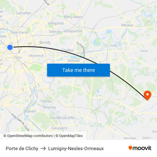 Porte de Clichy to Lumigny-Nesles-Ormeaux map