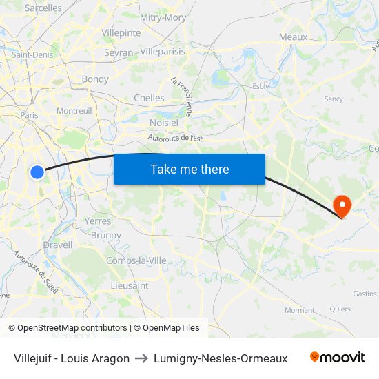 Villejuif - Louis Aragon to Lumigny-Nesles-Ormeaux map