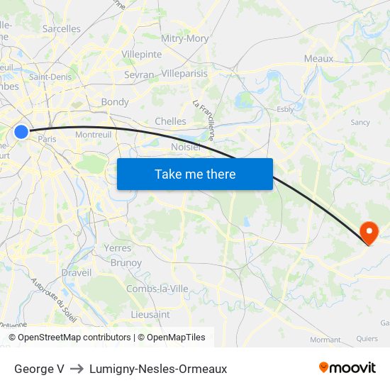 George V to Lumigny-Nesles-Ormeaux map