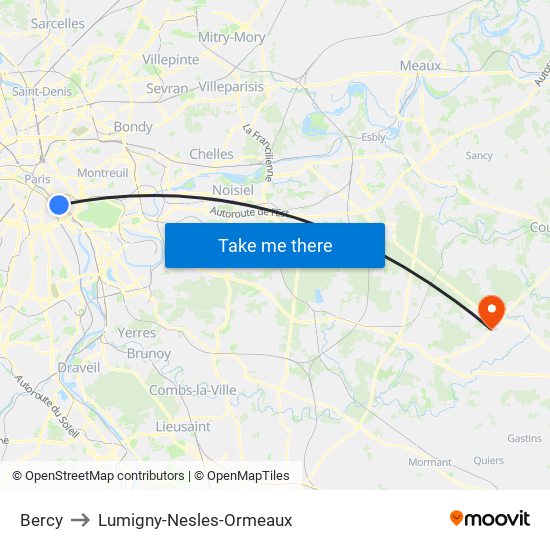 Bercy to Lumigny-Nesles-Ormeaux map