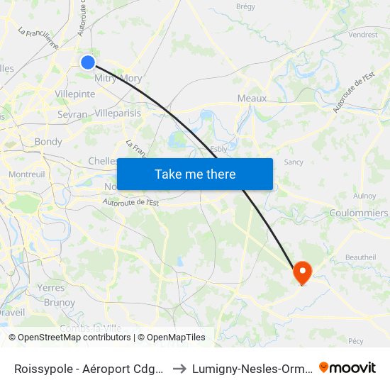 Roissypole - Aéroport Cdg1 (D3) to Lumigny-Nesles-Ormeaux map