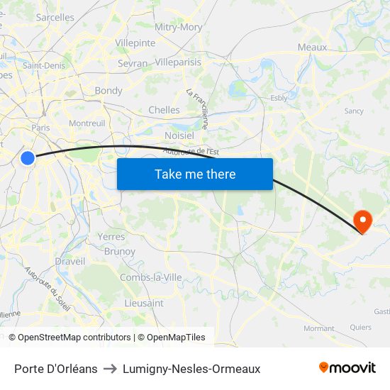 Porte D'Orléans to Lumigny-Nesles-Ormeaux map