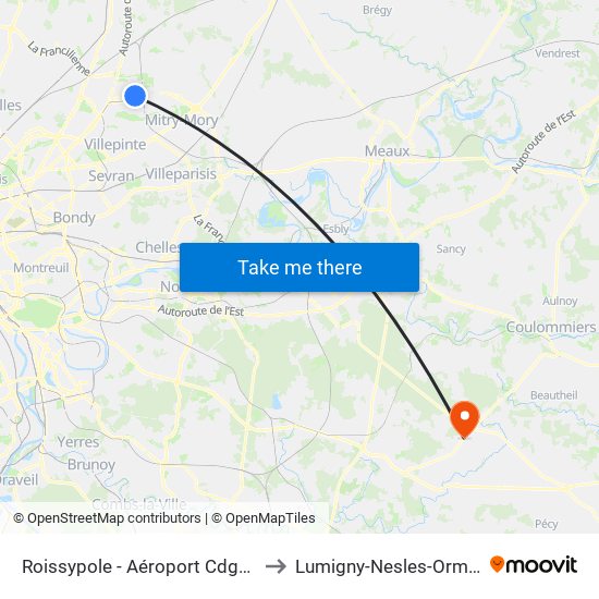 Roissypole - Aéroport Cdg1 (E2) to Lumigny-Nesles-Ormeaux map