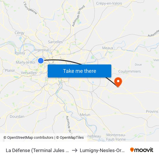La Défense (Terminal Jules Verne) to Lumigny-Nesles-Ormeaux map