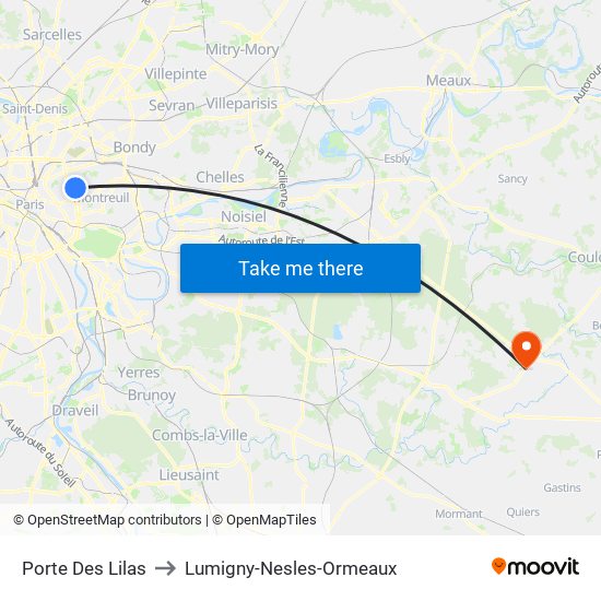 Porte Des Lilas to Lumigny-Nesles-Ormeaux map