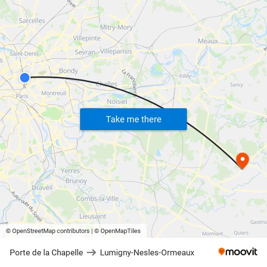 Porte de la Chapelle to Lumigny-Nesles-Ormeaux map