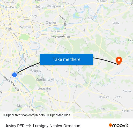 Juvisy RER to Lumigny-Nesles-Ormeaux map