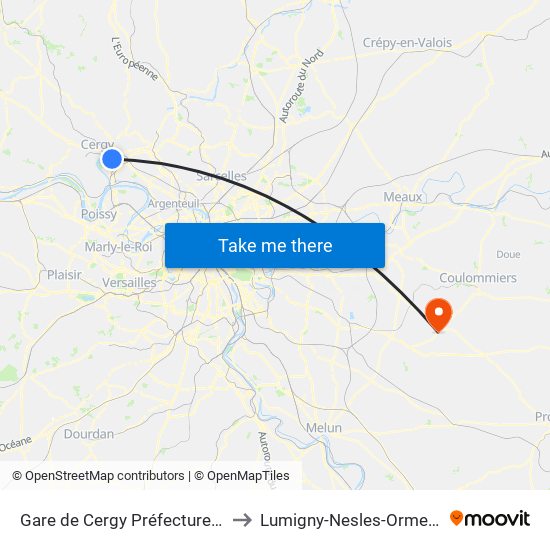 Gare de Cergy Préfecture (C) to Lumigny-Nesles-Ormeaux map