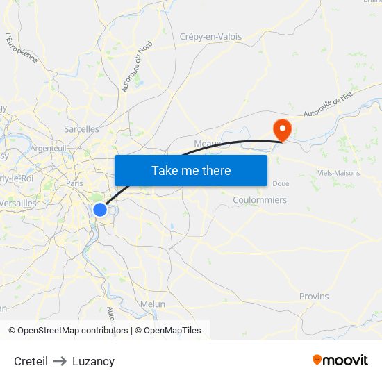 Creteil to Luzancy map