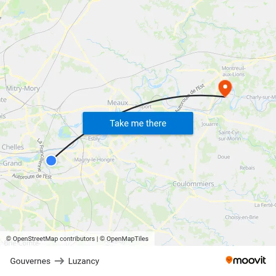 Gouvernes to Luzancy map