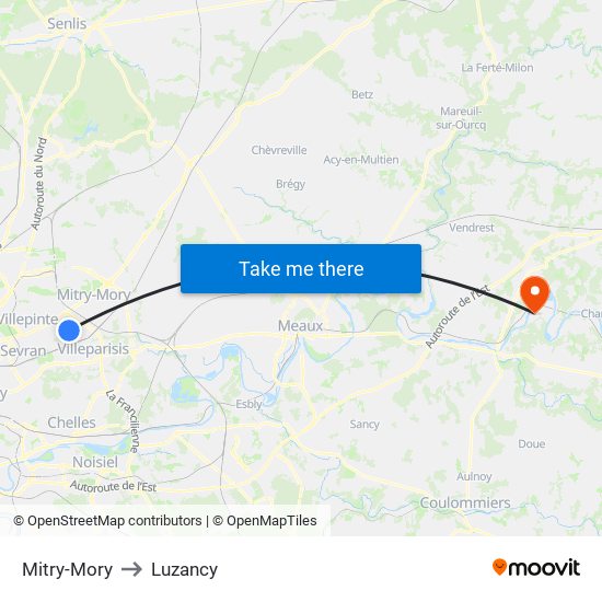 Mitry-Mory to Luzancy map