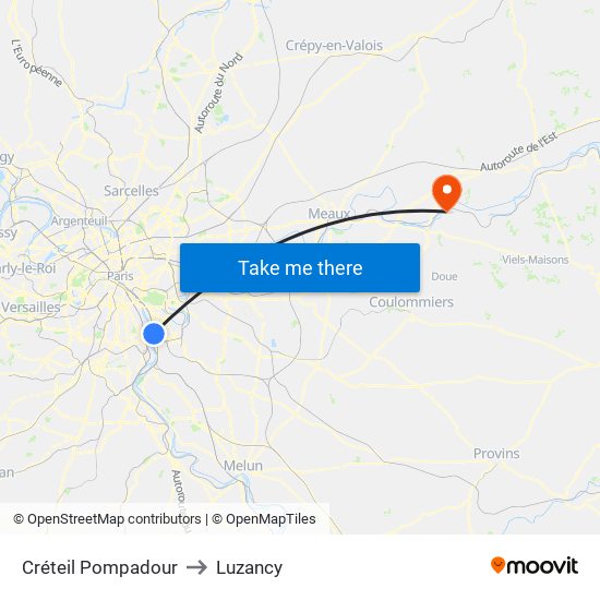 Créteil Pompadour to Luzancy map