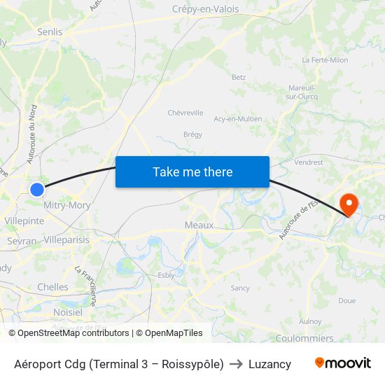 Aéroport Cdg (Terminal 3 – Roissypôle) to Luzancy map