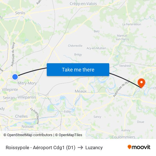 Roissypole - Aéroport Cdg1 (D1) to Luzancy map