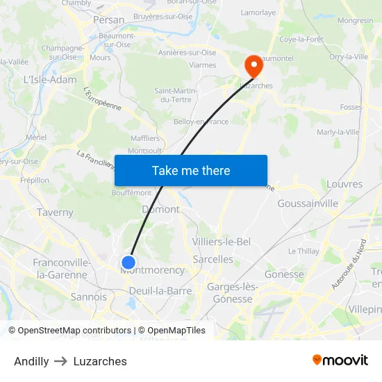 Andilly to Luzarches map