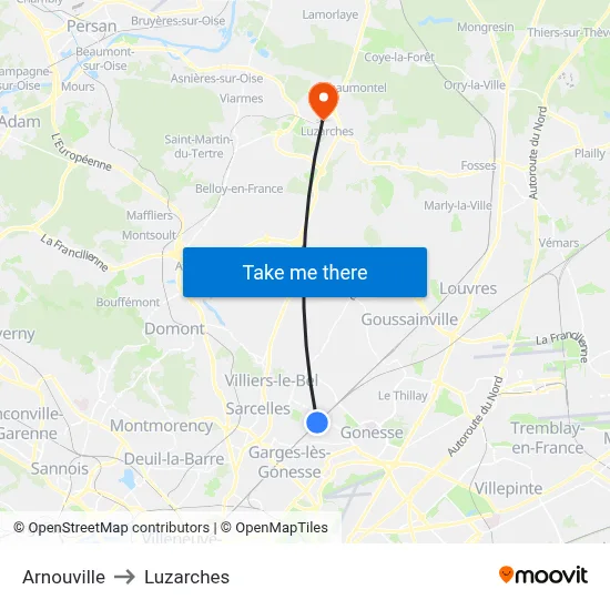 Arnouville to Luzarches map