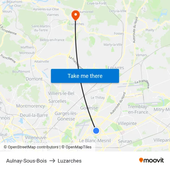 Aulnay-Sous-Bois to Luzarches map