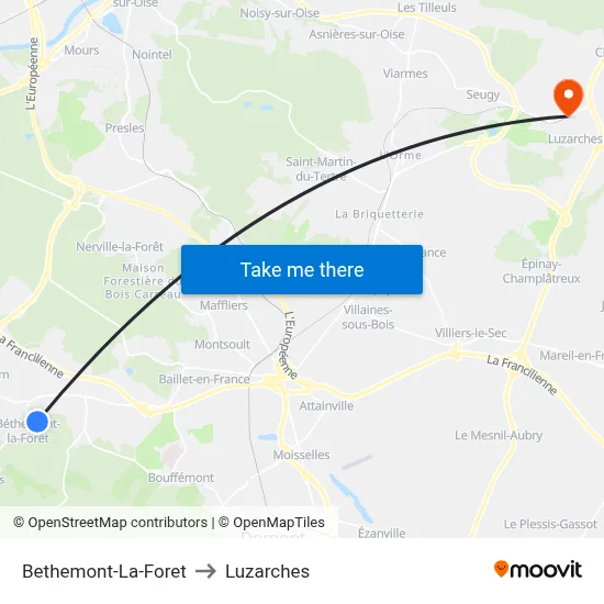 Bethemont-La-Foret to Luzarches map