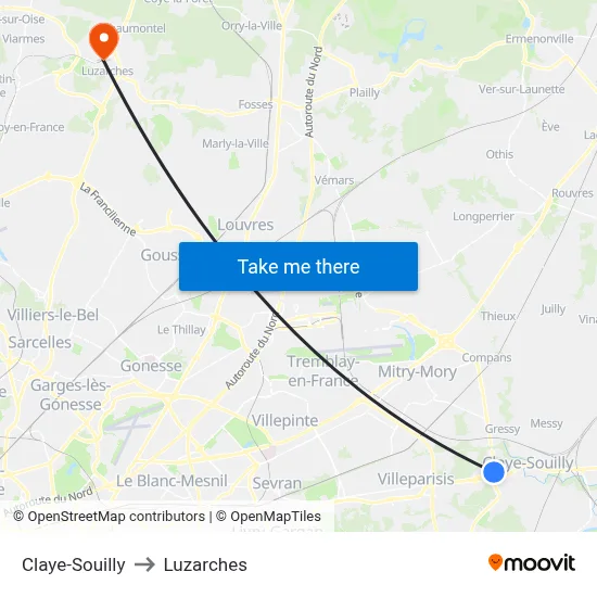 Claye-Souilly to Luzarches map