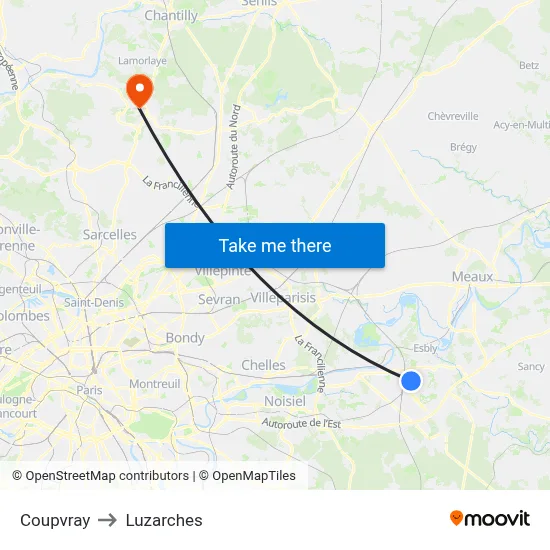 Coupvray to Luzarches map