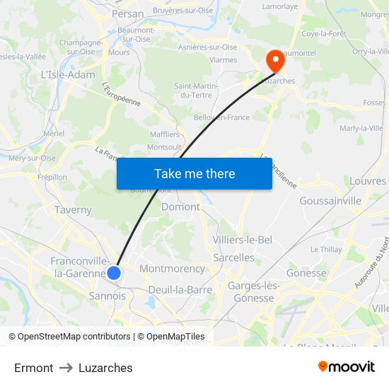 Ermont to Luzarches map