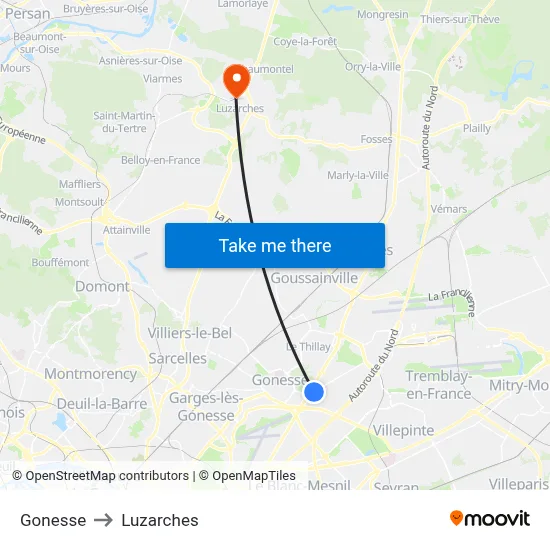 Gonesse to Luzarches map