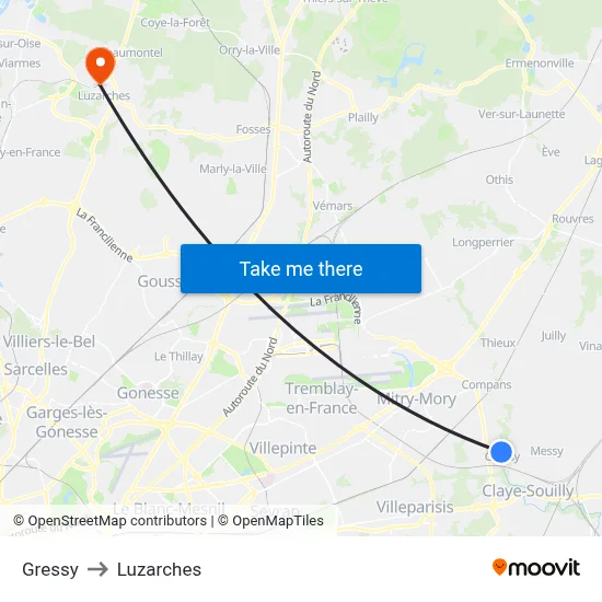 Gressy to Luzarches map
