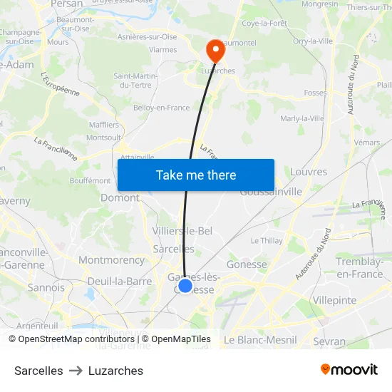 Sarcelles to Luzarches map