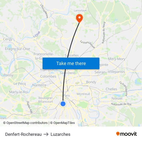 Denfert-Rochereau to Luzarches map