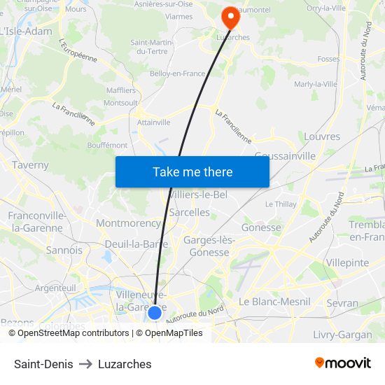 Saint-Denis to Luzarches map