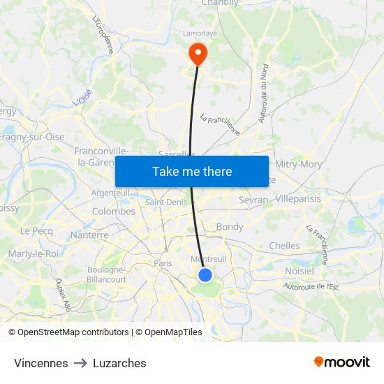 Vincennes to Luzarches map
