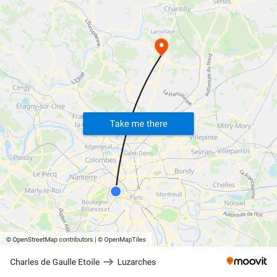 Charles de Gaulle Etoile to Luzarches map