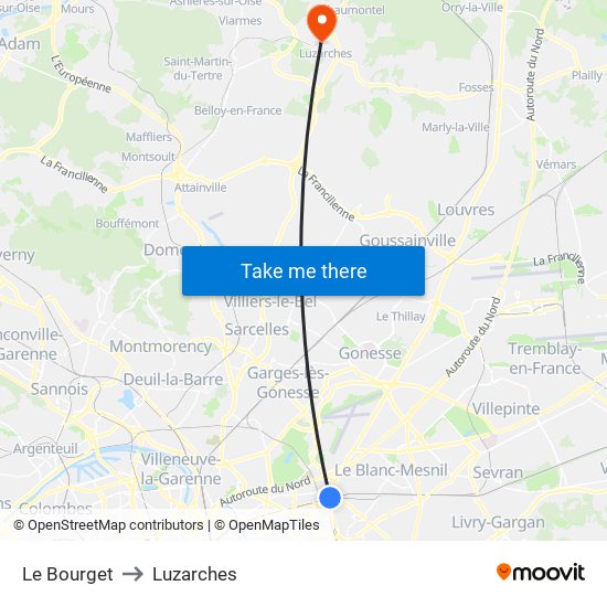 Le Bourget to Luzarches map