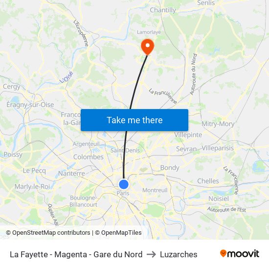 La Fayette - Magenta - Gare du Nord to Luzarches map