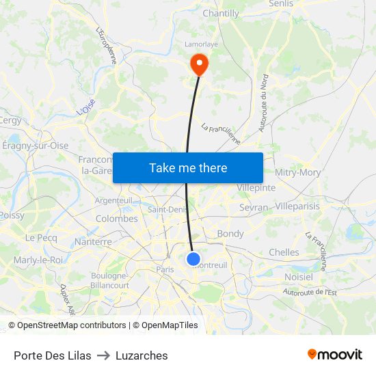 Porte Des Lilas to Luzarches map