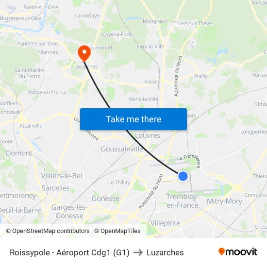 Roissypole - Aéroport Cdg1 (G1) to Luzarches map
