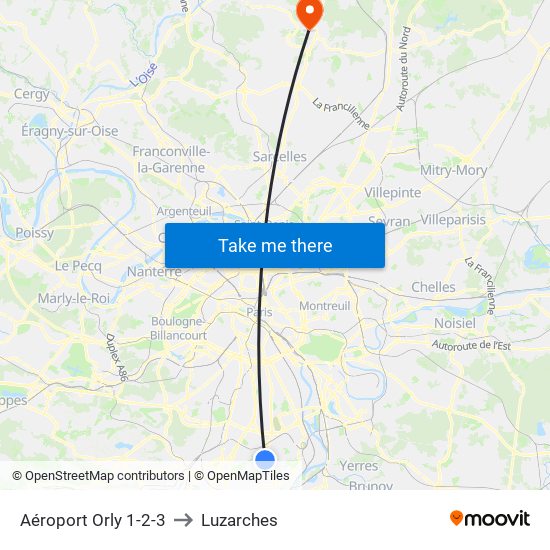 Aéroport Orly 1-2-3 to Luzarches map