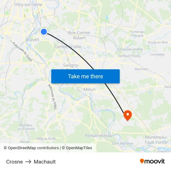 Crosne to Machault map