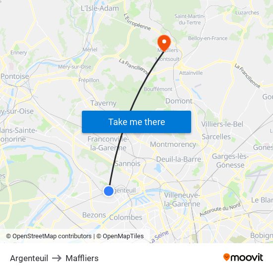 Argenteuil to Maffliers map