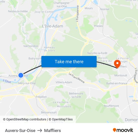 Auvers-Sur-Oise to Maffliers map