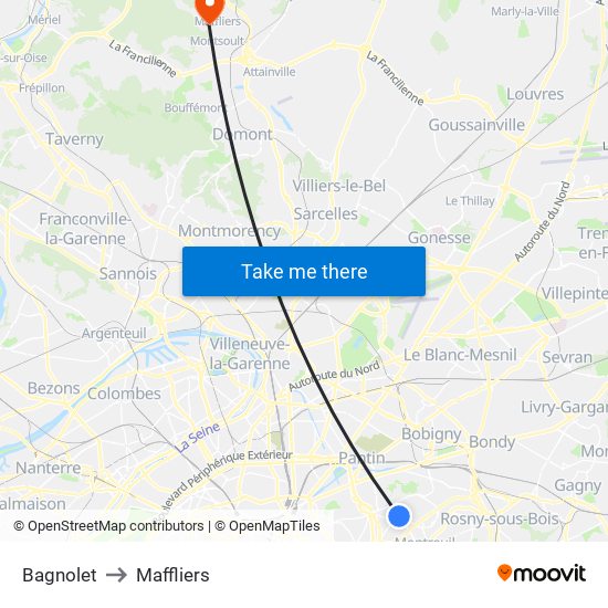 Bagnolet to Maffliers map