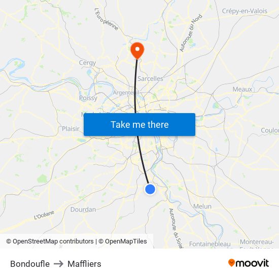 Bondoufle to Maffliers map