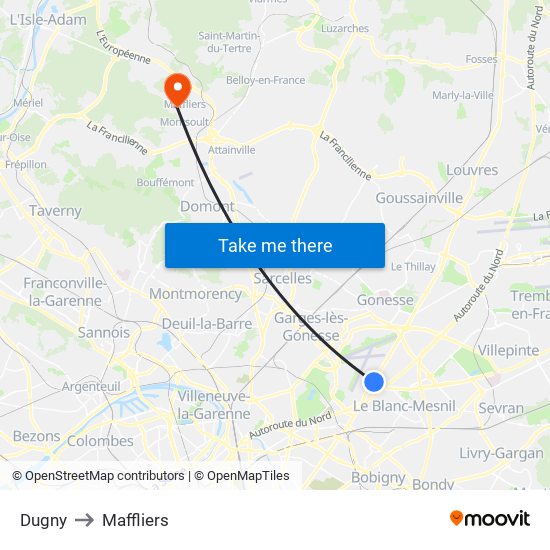 Dugny to Maffliers map