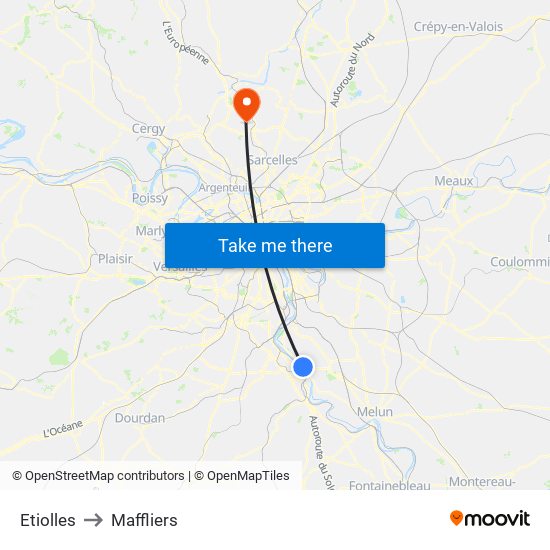Etiolles to Maffliers map